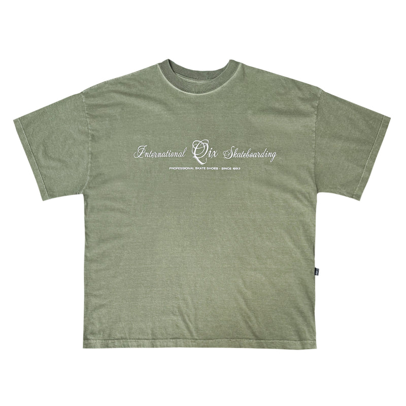 CAMISETA QIX BOX INTERNACIONAL SKATEBOARDS OLIVA ESTONADO